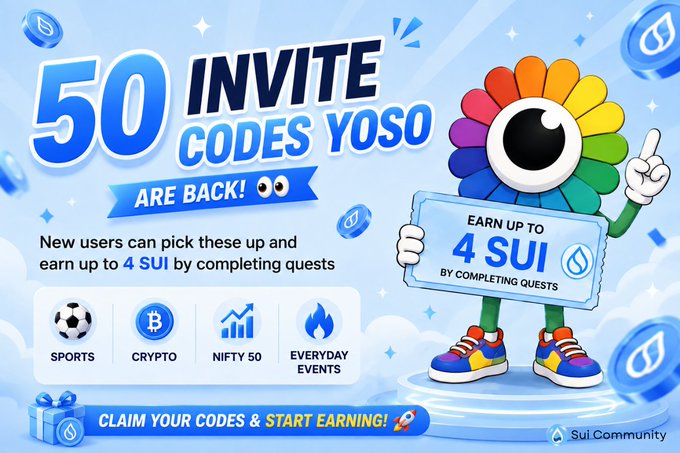 A colorful promotional graphic announces '50 INVITE CODES YOSO ARE BACK!' offering new users the chance to earn up to '4 SUI' by completing quests in categories like Sports, Crypto, NIFTY 50, and Everyday Events.