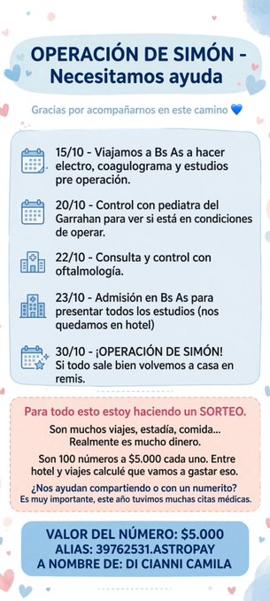 A Spanish-language fundraising graphic titled 'OPERACIÓN DE SIMÓN - Necesitamos ayuda' details a medical timeline including travel, pediatric checkups, and a surgery date of 30/10, with a raffle offering $5,000 and Alias: 39762531.ASTROPAY.