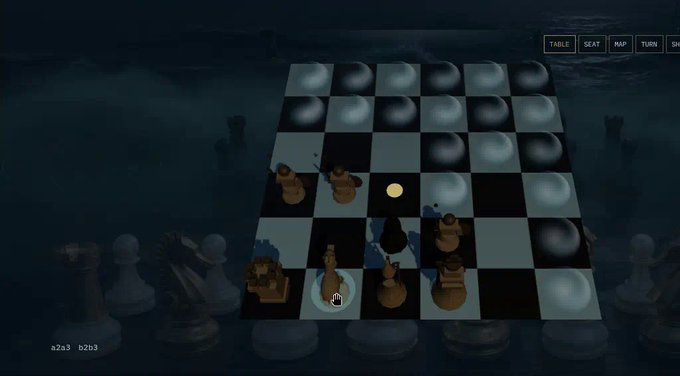 A dark, moody 3D chess game scene featuring oversized chess pieces on a checkered board under spotlights, with UI buttons for TABLE, SEAT, MAP, and TURN visible.