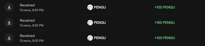 A screenshot of a crypto wallet showing three "Received" PENGU transactions (+100, +150, and +100 PENGU) on July 13 at 9:20 PM, totaling 350 PENGU, which corresponds to the claimed Piñata rewards mentioned in the post.