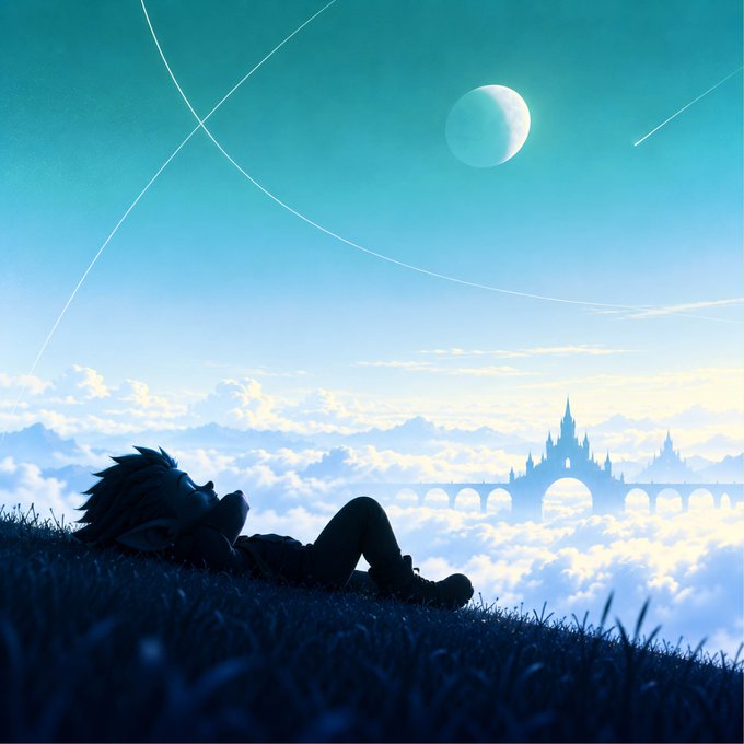 An anime-style digital illustration of a person with spiky black hair lying in grass under a teal sky with a crescent moon and a distant castle.