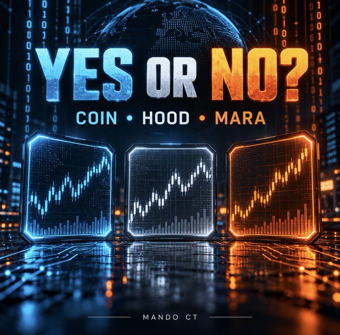 A futuristic digital graphic displays "YES OR NO?" in bold glowing blue and orange lettering above the tickers "COIN • HOOD • MARA," with three stock charts underneath showing upward trends in matching blue, white, and orange tones. The image visually reinforces the post's concept of new prediction-market-style trading on crypto-linked companies like Coinbase, Robinhood, and MARA hitting specific business targets.