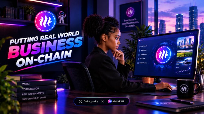 A digital promotional image featuring a woman at a computer showing a 'metawa' logo and dashboard options like 'Real Assets', 'Businesses', 'Tokenization', 'On-Chain', and 'Global Access', with large text reading 'PUTTING REAL WORLD BUSINESS ON-CHAIN' and social handles '@Cailina_purity' and 'MetaRWA'.