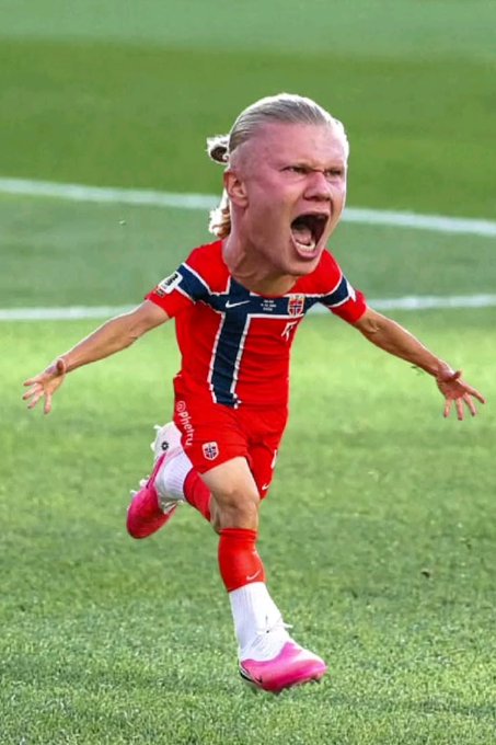 A digitally altered image shows a soccer player in a red Norway national team kit with an exaggerated, oversized head featuring blonde dreadlocks, celebrating with arms outstretched on a green pitch. The post uses the absurd, unexpected nature of the image to mirror the unlikely scenario of Ethereum reaching $5000 before Bitcoin hits $125k, emphasizing that such an outcome, while improbable, isn't impossible.