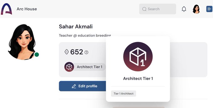 A screenshot of a profile page on 'Arc House' for user 'Sahar Akmali' (Teacher), showing a Tier 1 'Architect' badge with the number 1.