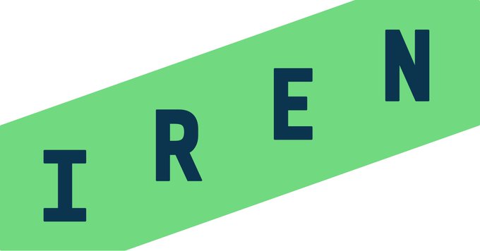 A logo design featuring the word 'IREN' in dark blue capital letters placed on a diagonal green stripe against a white background.