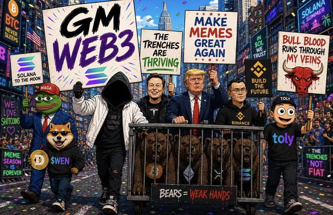 A vibrant Web3/crypto parade illustration featuring cartoon characters (Pepe, Shiba Inu), hooded figures, Donald Trump, and CZ of Binance holding protest signs with slogans like 'GM WEB3', 'MAKE MEMES GREAT AGAIN', 'BULL BLOOD RUNS THROUGH MY VEINS', and 'BEARS = WEAK HANDS', with bear mascots locked in a cage.