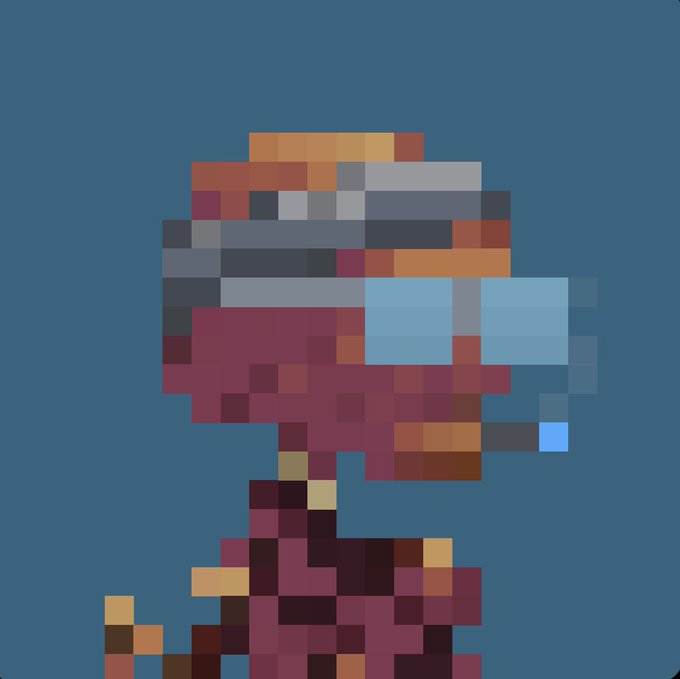 Pixel art of a character wearing a red outfit, a black and orange helmet, and large blue goggles, rendered in a blocky style on a blue background.