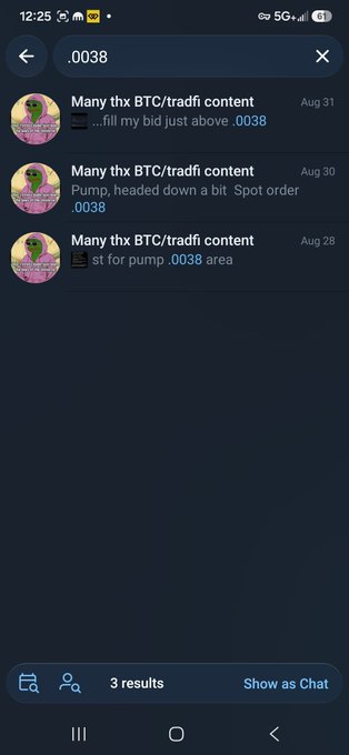 A mobile phone screenshot of a Telegram search for '.0038' showing three results from a channel called 'Many thx BTC/tradfi content' with messages about BTC trading (Aug 28-31).
