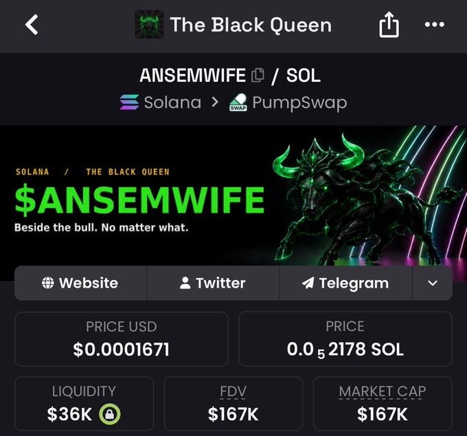 Screenshot of the "The Black Queen" ($ANSEMWIFE) token page on Solana via PumpSwap, showing a green and black bull-themed banner with the tagline "Beside the bull. No matter what." and stats including a price of $0.0001671 (0.0000002178 SOL), $36K liquidity, $167K FDV, and $167K market cap.