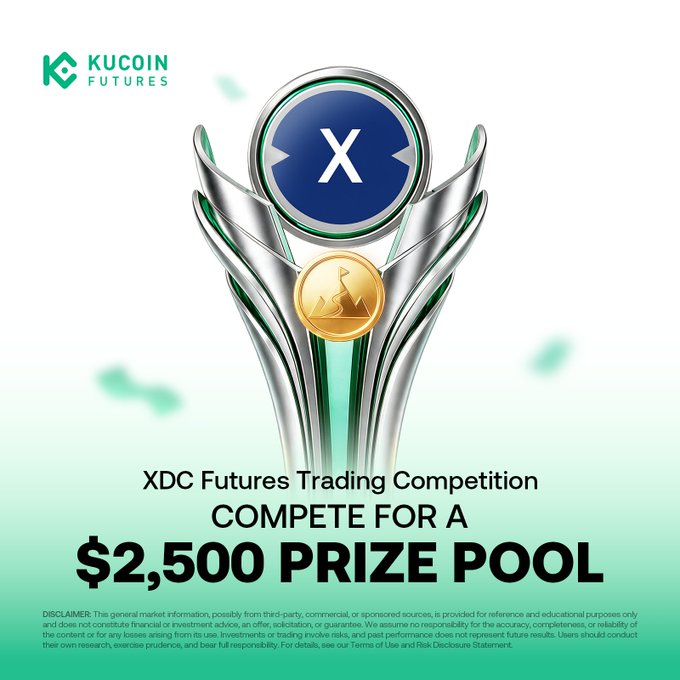 A promotional graphic for KuCoin Futures' "XDC Futures Trading Competition" featuring a silver trophy with the XDC logo and a gold coin, advertising a $2,500 prize pool to compete for through XDC futures trading.

Note: The accompanying post mentions an 80,000 XDC prize pool, which differs from the "$2,500 PRIZE POOL" shown in the image.