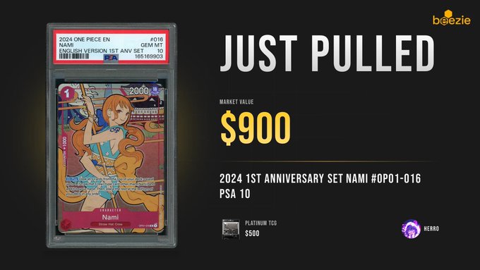 A 2024 One Piece English Version 1st Anniversary Nami PSA 10 card (#OP01-016) shown just pulled on Beezie, with a $900 market value (and $500 Platinum TCG price). The post highlights the excitement of pulling high-value One Piece TCG cards as a newcomer to the series, suggesting the "HERRO" referral code for airdrop farming.