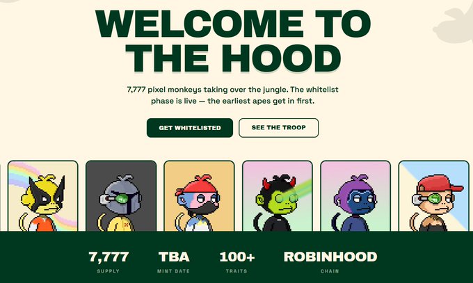 A promotional webpage for the "Monkey Hood" NFT collection displays the headline "Welcome to the Hood" alongside illustrations of six unique pixel-monkey characters, with details noting 7,777 supply, TBA mint date, 100+ traits, and Robinhood chain, directly reflecting the post's announcement of the team's new 7,777-piece project launching on Robinhood Chain.