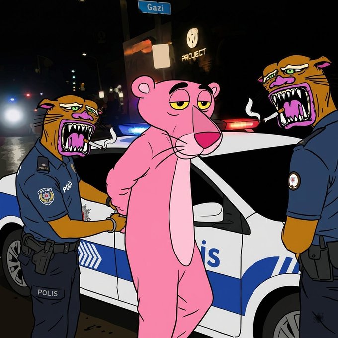 The image shows an animated pink panther being handcuffed by two snarling police officers in "POLIS" uniforms beside a police car, with a "Gazi" street sign and "PROJECT" text visible. This visual mirrors the post's caption about pink panthers "getting locked up," using the cartoon imagery to humorously represent the $SPC token's apparent arrest or takedown.