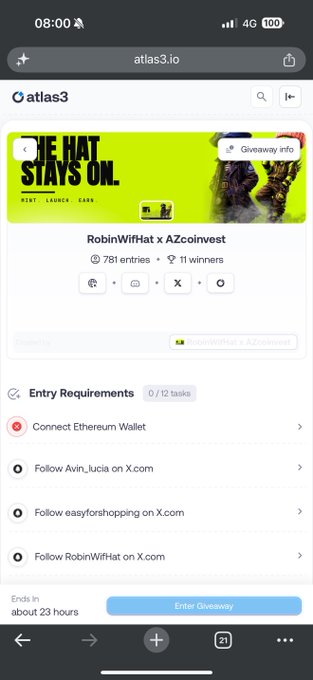 A mobile screenshot of an atlas3.io giveaway page titled "RobinWifHat x AZCoinvest" with 781 entries and 11 winners, requiring tasks like connecting an Ethereum wallet and following @Avin_lucia, @easyforshopping, and @RobinWifHat on X.com, ending in about 23 hours. The image directly corresponds to the post's mention of "Round 1 GA 11 FCFS" for the $WIF RobinWifHat giveaway on atlas3.io.