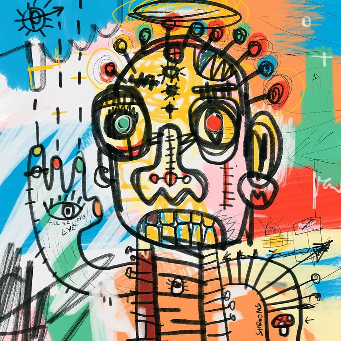 A vibrant, colorful neo-expressionist style painting featuring a stylized skull-like figure with prominent eyes, a halo, and surrounded by abstract shapes and text including 'ALL SEEING EYE'.