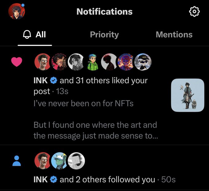 A screenshot of a Twitter/X Notifications page on mobile showing that "INK and 2 others followed you" along with 31 likes on a recent post about NFTs, directly illustrating the exciting moment of being followed by the notable @0xInk_ account mentioned in the caption.