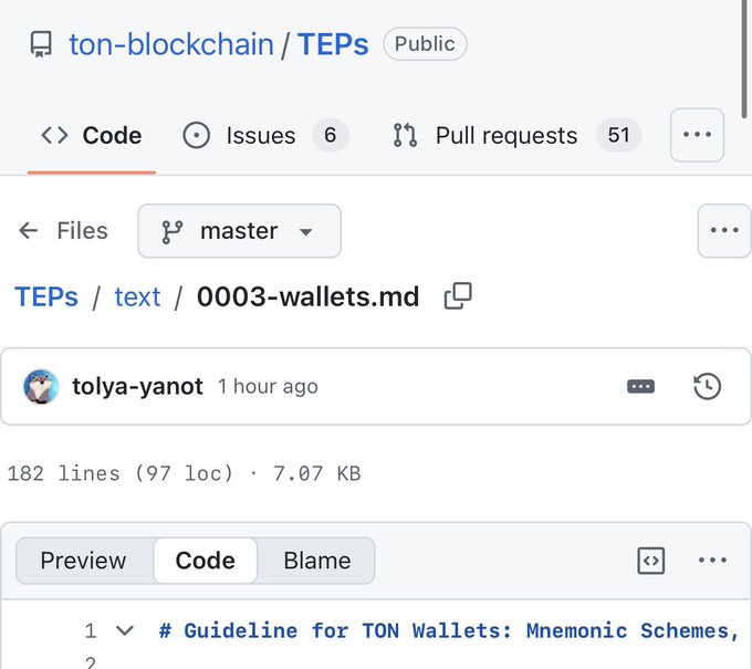The image shows a computer screen with a tab open displaying information about TON blockchain. The text on the screen includes details about code, public issues, pull requests, master, 003-wallets, and code. There are also some lines of code displayed in the bottom left corner of the screen. The post seems to be discussing how TON is changing its ecosystem by removing technical quirkiness that users might have accepted before but now it's being addressed elsewhere.