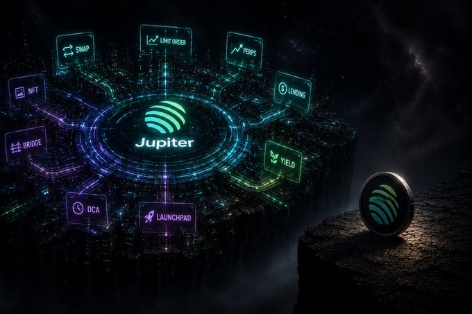 A promotional graphic for 'Jupiter' featuring a central glowing logo surrounded by a circular interface with various feature icons like SWAP, LIMIT ORDER, PERPS, and LENDING, set against a dark cosmic background.