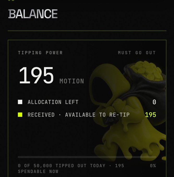 A 'Balance' screen from the Motion app showing a 'Tipping Power' of 195 MOTION, with 195 received/available to re-tip, 0 allocation left, and 0% of the 50,000 daily spendable tip limit used.