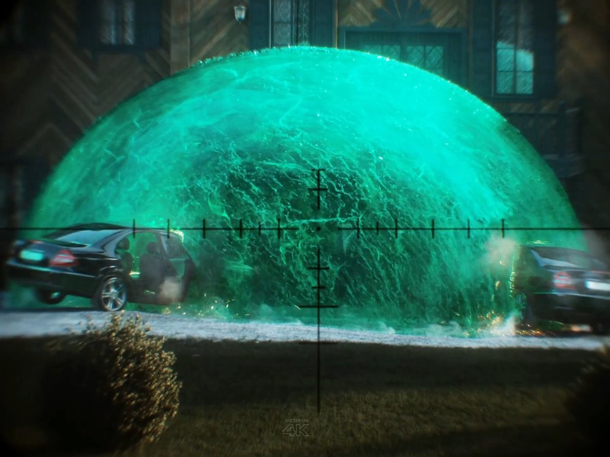 A view through a sniper scope's crosshairs shows a massive green protective bubble enveloping two cars and figures near a building at night. The image relates to the caption's complaint about repetitive "bubble and explosion" scenes, depicting yet another energy shield effect similar to those criticized in the post, with a "P3GIN 4K" watermark visible at the bottom.