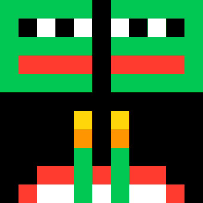 A pixel art illustration of a symmetrical character with a green body, black and white checkered eyes, red mouth, and yellow/orange accents.
