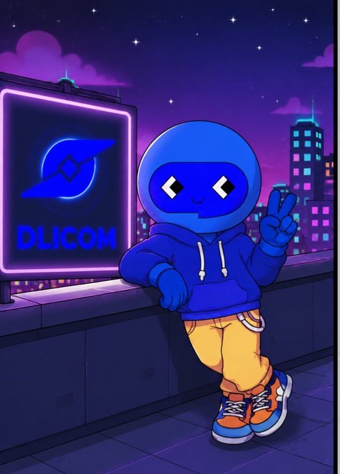 A cartoon illustration of a blue ninja-like character in a hoodie and orange pants giving a peace sign next to a neon sign reading 'DLICOM' against a nighttime cityscape.