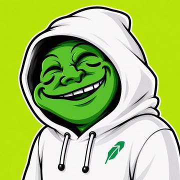 A cartoon troll meme character wearing a white hoodie with a green leaf logo smiles mischievously against a green background, visually representing the $TROLL meme project referenced in the post. The image's mischievous troll face reinforces the project's branding, while the leaf emblem on the hoodie hints at its "building on Robinhood Chain" identity.