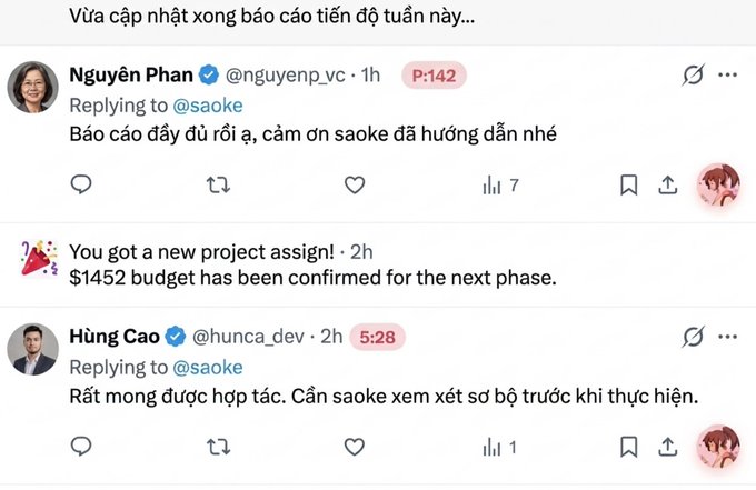 A screenshot of Twitter/X replies in Vietnamese, including a reply from 'Nguyên Chan @nguyenp_vc' and 'Hùng Cao @hunca_dev', with a notification stating 'You got a new project assign! $1452 budget has been confirmed'.
