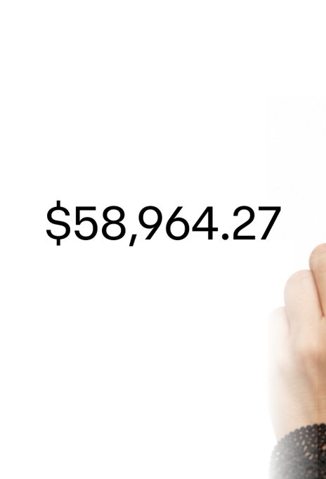 The image shows a hand with a dark, beaded bracelet partially visible on the right side, alongside the large text "$58,964.27" displayed prominently on a white background.