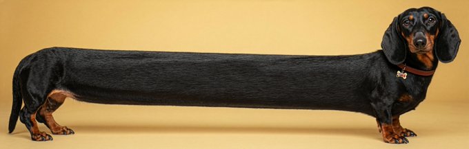 A black and tan dachshund dog standing in profile with an extremely elongated body, set against a tan background.
