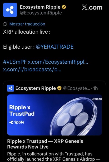 A screenshot of an X.com post from @EcosystemRipple announcing 'XRP allocation live' and a 'Ripple x Trustpad — XRP Genesis Rewards Now Live' promotion.