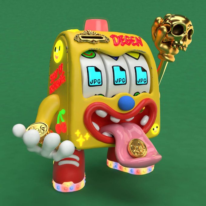 A colorful 3D cartoon character shaped like a yellow slot machine has three “JPG” reels, a long tongue, red shoes, and a gold skull accessory.