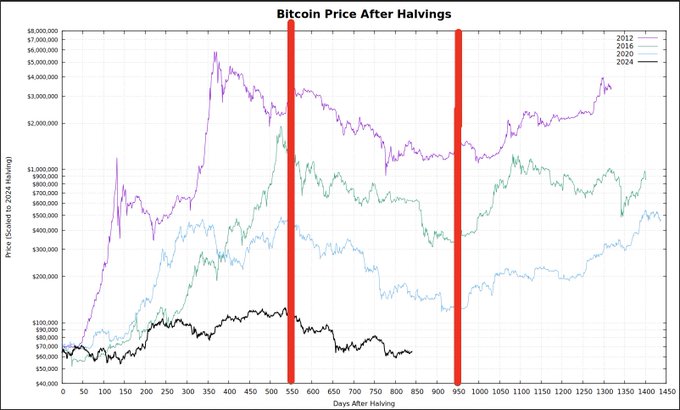 This chart shows the Bitcoin price after halvings in 2012, 2016, 2020, and 2024, indicating that past patterns suggest a bottom within the next three months. The red vertical lines mark the halving events, with the 2024 line serving as a reference point for scaling historical data.