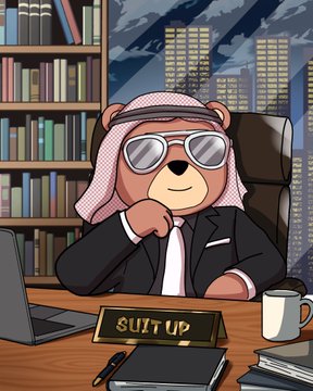A cartoon bear wearing sunglasses, a keffiyeh, and a suit sits at a desk with a "SUIT UP" nameplate, with a city skyline and bookshelf behind it—visually reinforcing the "Let's suit up" message of the post alongside tags to @SuitsOnHood, @bigjercrypto, and @MaxLongCEO.