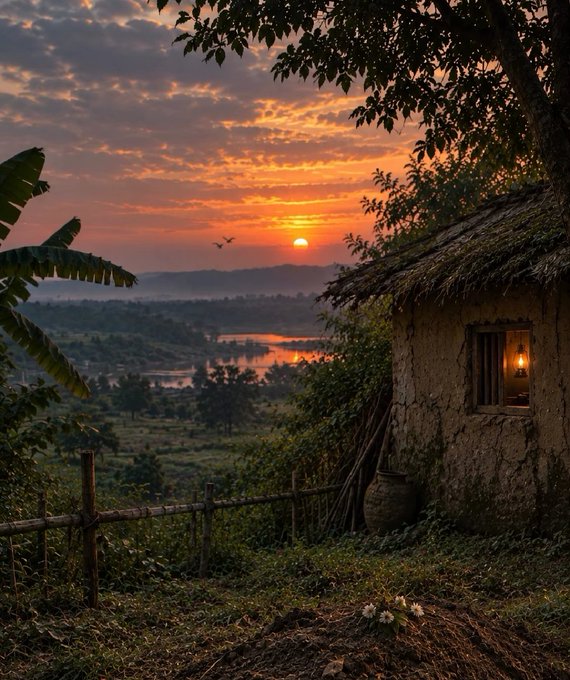 A scenic sunset over a landscape with a thatched-roof hut, banana leaves, a wooden fence, and a river reflecting the orange sky.