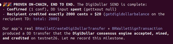 A screenshot of a dark-themed chat or code interface describing a successful DigiDollar blockchain transaction: 'PROVEN ON-CHAIN, END TO END. The DigiDollar SEND is complete: Confirmed (1 conf), DD input spent, Recipient credited exactly 2000 cents = $20.'
