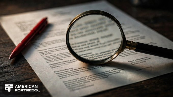 A magnifying glass enlarges text on a printed document next to a red pen on a wooden surface, with the 'American Fortress' logo in the bottom left.