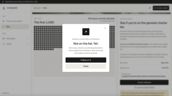 A website screenshot with a pop-up dialog reading 'GENESIS ALLOCATION IN PROGRESS' and 'Not on the list. Yet.' with buttons to 'Follow on X' or 'Close'.