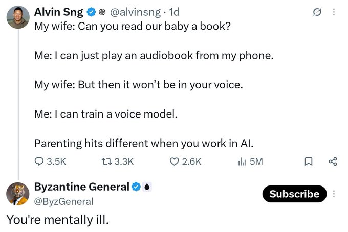 A screenshot of a tweet by Alvin Sng (@alvinsng) humorously contrasts his reply to his wife about reading their baby a book—he says he can train a voice model—with the caption “Parenting hits different when you work in AI.” It shows 3.5K replies, 3.3K reposts, 2.6K likes, and 5M views. Below, Byzantine General (@ByzGeneral) comments, “You’re mentally ill.”