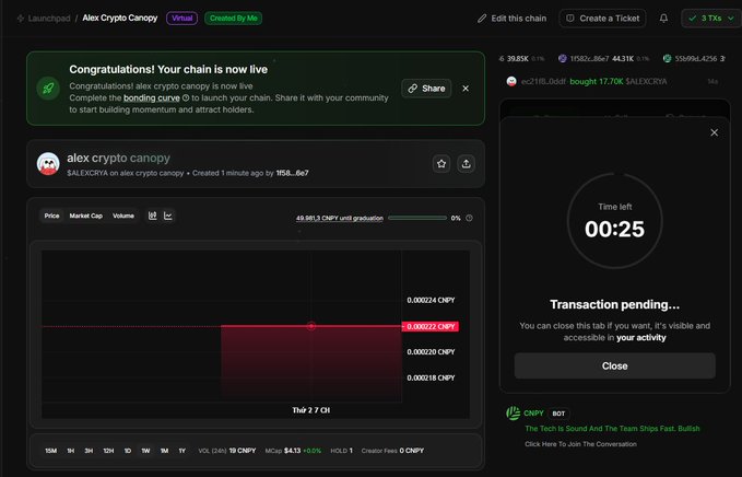 A screenshot of a cryptocurrency platform showing a launched chain 'Alex Crypto Canopy' by $ALEXCRYVA, displaying a bonding curve chart at 0% and a pending transaction with 25 seconds remaining.