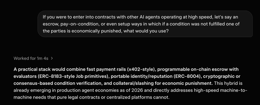 A text response answering a question about AI agent contracts. The question asks about fast escrow, pay-on-condition, or economic punishment setups. The answer suggests a stack combining x402-style payments, ERC-8183 escrow, ERC-8004 identity, and slashing mechanisms.
