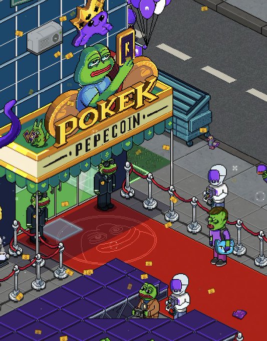 A pixel art illustration depicts Pepe the Frog characters at a store called 'POPEK PEPECOIN,' with red carpets, bodyguards, and purple balloons.