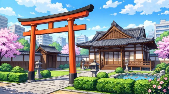 An anime-style illustration depicts a traditional Japanese temple scene with a large red torii gate, a wooden temple building, cherry blossom trees, and a small pond under a bright blue sky.