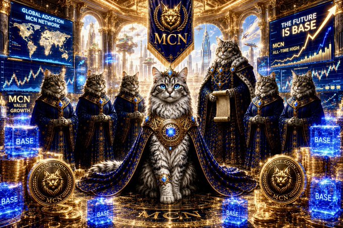 The image features a group of cats dressed up as royalty, with one cat sitting on top of a throne made out of blue and gold blocks. The cats are wearing fancy clothes and crowns, giving them an air of regality. In the background, there is a map that appears to be related to the world of finance or business, possibly indicating the source of the wealth they possess. The caption for the image reads: "While most chase quick hype, we're building a real kingdom on Base Strong community. Loyal Guardians. Organic growth. If you believe MCN The vault is filling. The Guardians know."