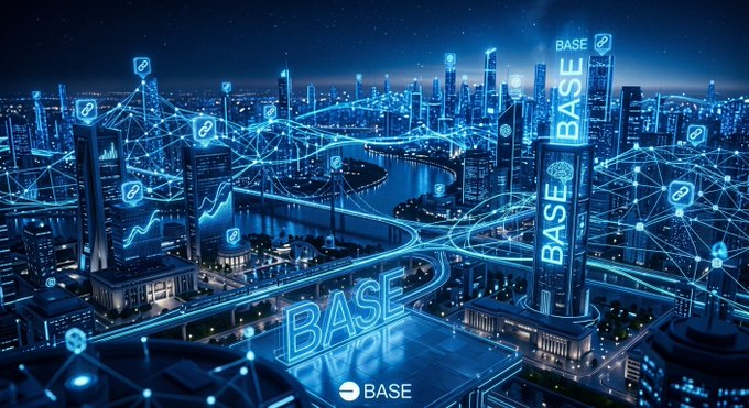 A futuristic, neon-blue cityscape at night with glowing networks connecting skyscrapers, featuring large "BASE" text displayed on a building and at the bottom.