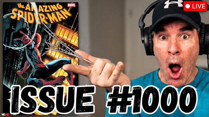 A YouTube thumbnail showing a shocked man pointing at an Amazing Spider-Man comic cover, with text reading 'ISSUE #1000' and a 'LIVE' indicator.