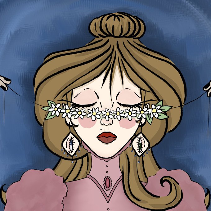 A digital illustration of a stylized woman with closed eyes, wearing a daisy flower crown, leaf-shaped earrings, and a pink dress against a blue background.