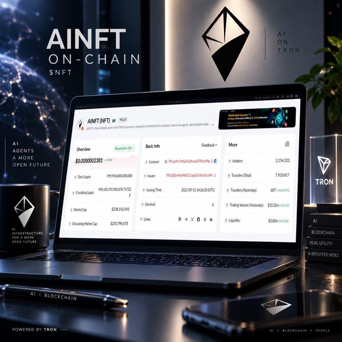 A promotional graphic for 'AINFT ON-CHAIN $NFT' powered by TRON, showing a laptop displaying token metrics like total supply, market cap, and holders, alongside Ethereum and Tron logos.