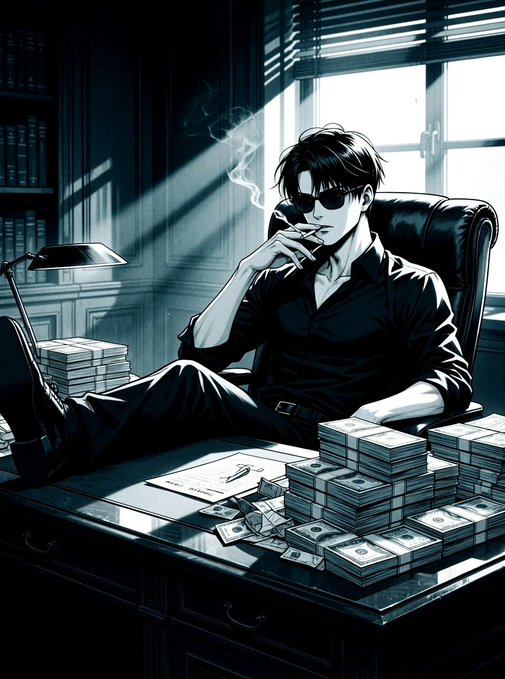 A stylized, monochromatic illustration of a man in sunglasses smoking a cigarette while sitting at a desk covered with stacks of cash and a watch.